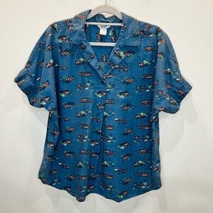 Duluth Trading Co V-Neck Popover Shirt Camper Printmaker Women’s L 100% Cotton